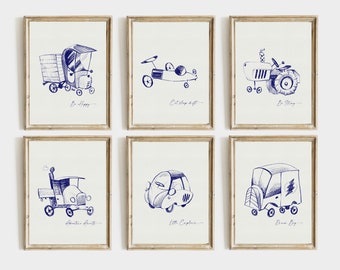 Vintage Car Nursery Set of 6, Nursery Car Blue Sketch, Retro Car Nursery, Vintage Car Poster Set, Minimalist Nursery Decor, Car Printable