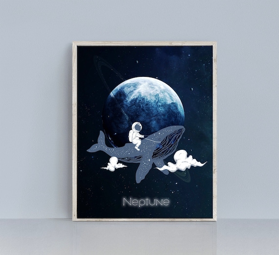 Baby Astronaut riding whale on Neptune Poster, Solar system nursery digital print, Planets wall art, Space themed nursery,Toddler Room decor