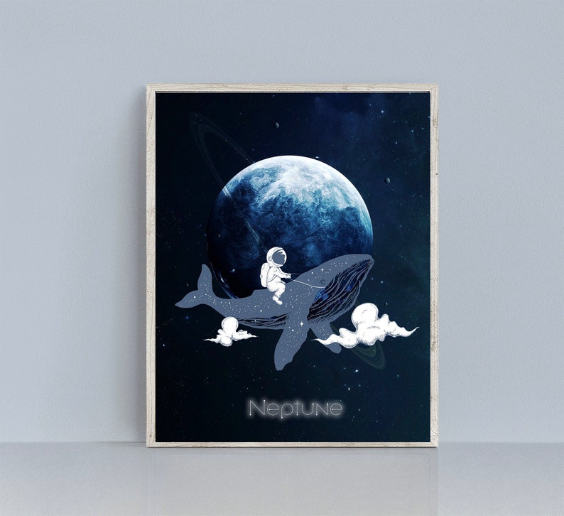 May include: A blue whale with a starry pattern swims through a dark blue space with a blue planet and a white astronaut riding on top. The text "Neptune" is written below the whale.