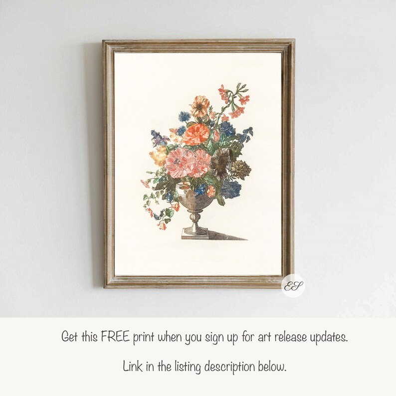 May include: A vintage illustration of a bouquet of flowers in a vase. The flowers are pink, orange, yellow, and blue. The vase is a light gray color with a decorative design.