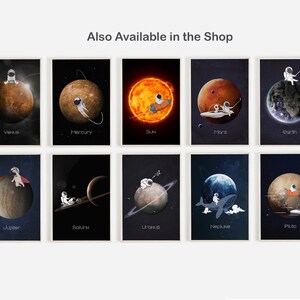 May include: A set of 9 printable posters featuring an astronaut exploring each planet in our solar system. Each poster features a different planet with a cartoon astronaut in a space suit. The planets are labeled with their names: Venus, Mercury, Sun, Mars, Earth, Jupiter, Saturn, Uranus, Neptune, and Pluto.