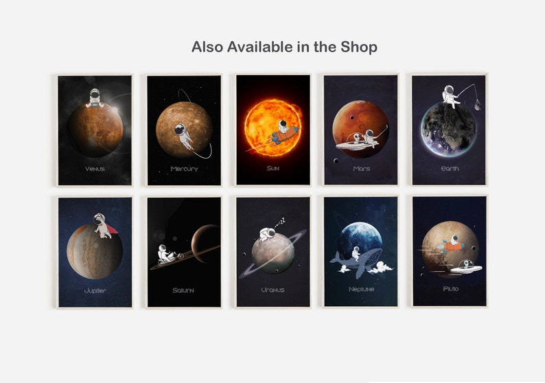 May include: A set of 9 printable posters featuring an astronaut exploring each planet in our solar system. Each poster features a different planet with a cartoon astronaut in a space suit. The planets are labeled with their names: Venus, Mercury, Sun, Mars, Earth, Jupiter, Saturn, Uranus, Neptune, and Pluto.