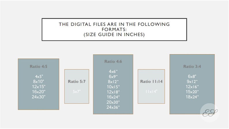 May include: A chart showing different aspect ratios for digital files, with size guides in inches. The chart is divided into four sections, each with a different aspect ratio: 4:5, 5:7, 4:6, and 3:4. Each section lists the dimensions of the digital files in inches, starting with 4x5 inches and going up to 24x36 inches.