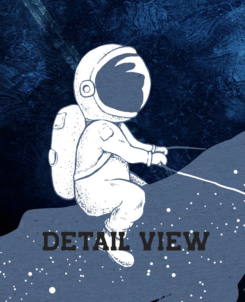 May include: A white astronaut illustration with a black outline, wearing a helmet and a spacesuit, is climbing a rock formation in a blue and white starry sky. The text "DETAIL VIEW" is printed below the astronaut.