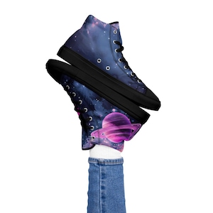 Galaxy Woman high-top sneakers, space-themed shoes, cosmic sneakers, planet design footwear, Cosmic gift for stargazers, Saturn sneakers