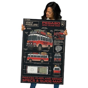 May include: A rectangular poster featuring a technical vehicle manual for a red and white Pegaso Overland bus. The design includes multiple views of the bus, engine specifications, cockpit details, and labels on a dark grid background with red text.