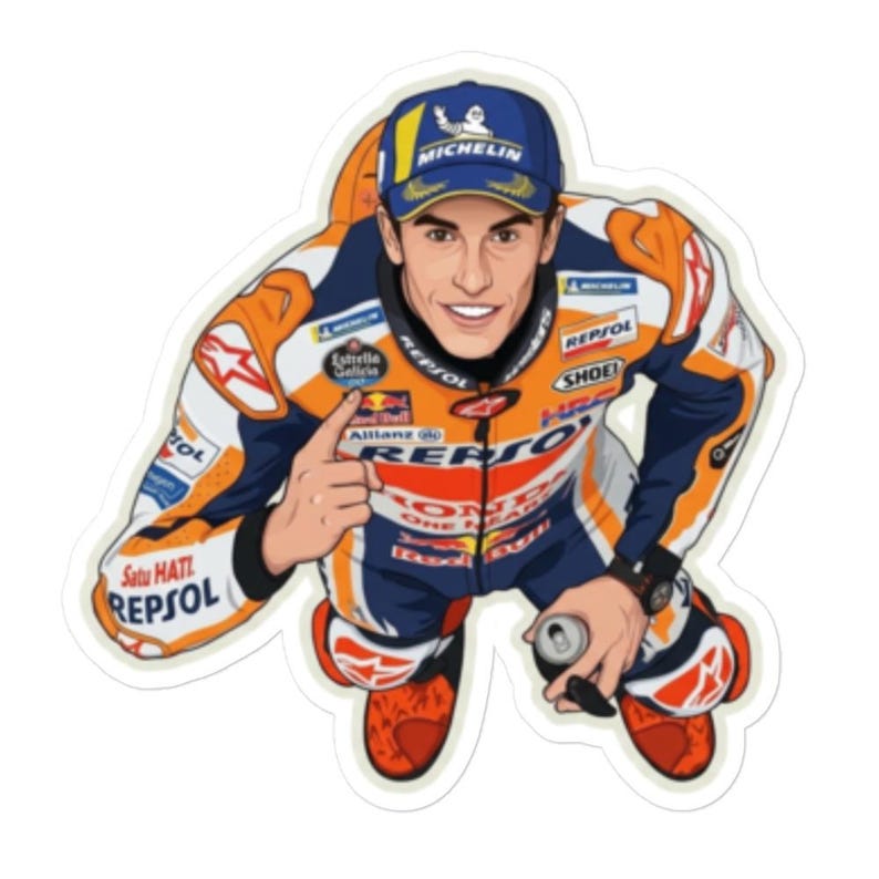 May include: A die-cut sticker featuring a cartoon illustration of a motorcycle racer wearing a blue, orange, and white Repsol Honda racing suit and a matching blue Michelin cap. The racer is pointing upward and holding a small silver can.