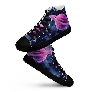 Galaxy Men high-top sneakers, space-themed shoes, cosmic sneakers, planet design footwear, Cosmic gift for stargazers, Saturn sneakers