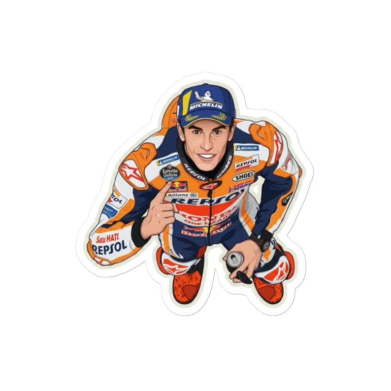 May include: A die-cut sticker featuring a cartoon illustration of a motorcycle racer wearing a blue cap and an orange, white, and navy blue racing suit with various sponsor logos including Repsol, Honda, Michelin, and Red Bull, pointing upward.