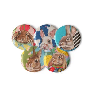 Whimsical Bunny Pin Set, Cute Rabbit Brooches with Colorful Sweaters & Patterned Backgrounds, Animal Lover Gift, Set of pin buttons