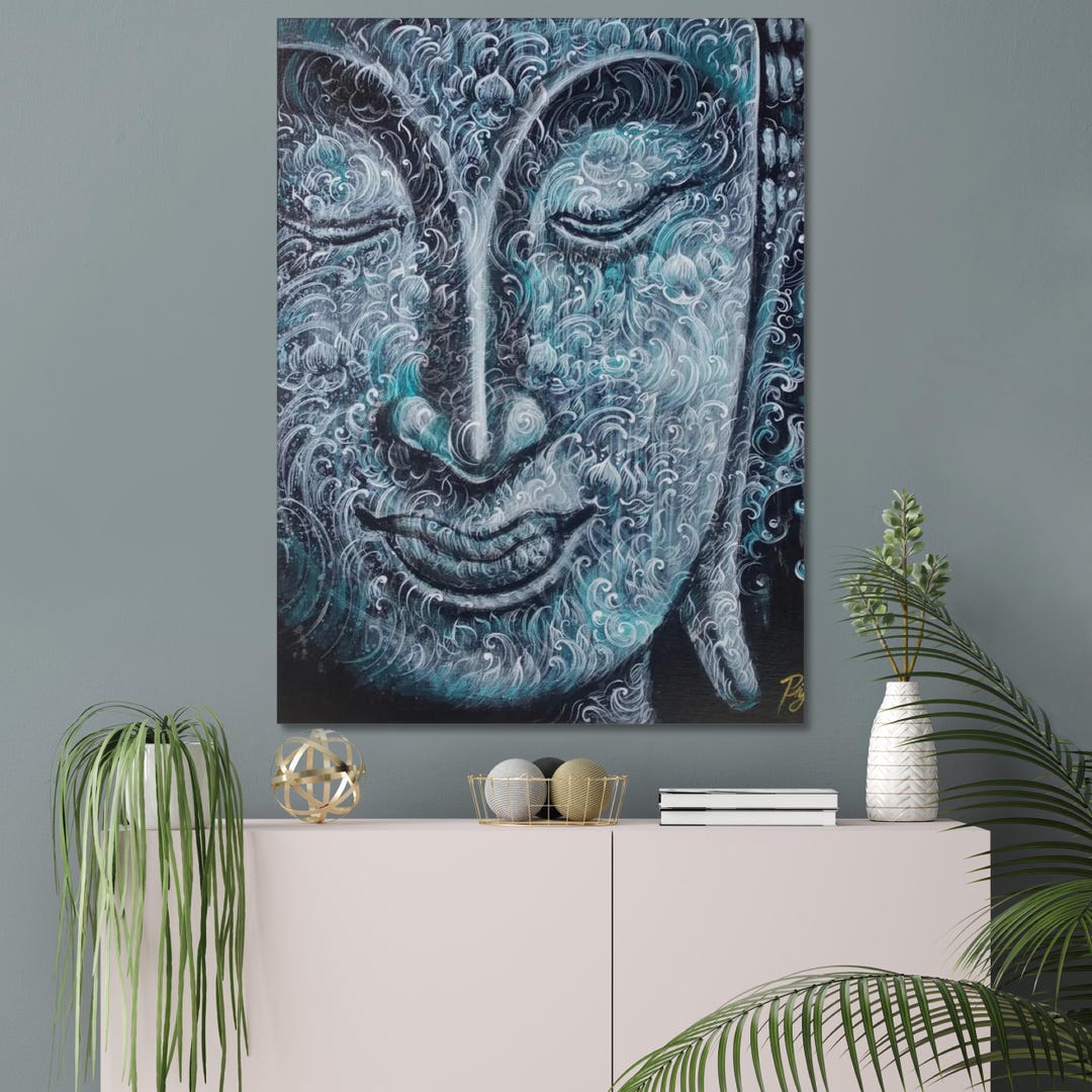 Abstract Buddha Face Art Print: Blue Swirls, Mystical Decor (digital ...