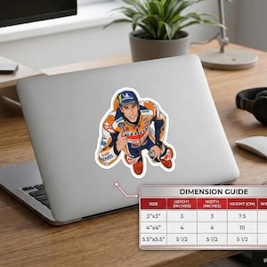 May include: A die-cut vinyl sticker featuring a graphic illustration of a motorcycle racer in an orange, white, and blue racing suit with Repsol branding. The sticker is displayed on a laptop lid next to a dimension guide showing 3x3, 4x4, and 5.5x5.5 inch sizes.