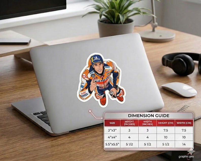 May include: A die-cut vinyl sticker featuring a graphic illustration of a motorcycle racer in an orange, white, and blue racing suit with Repsol branding. The sticker is displayed on a laptop lid next to a dimension guide showing 3x3, 4x4, and 5.5x5.5 inch sizes.