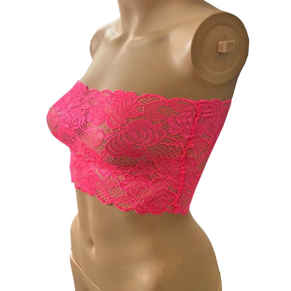 Womens Florescent Pink Lace Strapless Boob Tube Bandeau Crop Top Sexy  Lingerie 