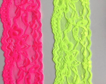 Lace Trim FLORESCENT Yellow and Pink 2.5"/ 6 cm Stretch New Scallop Edge HOT