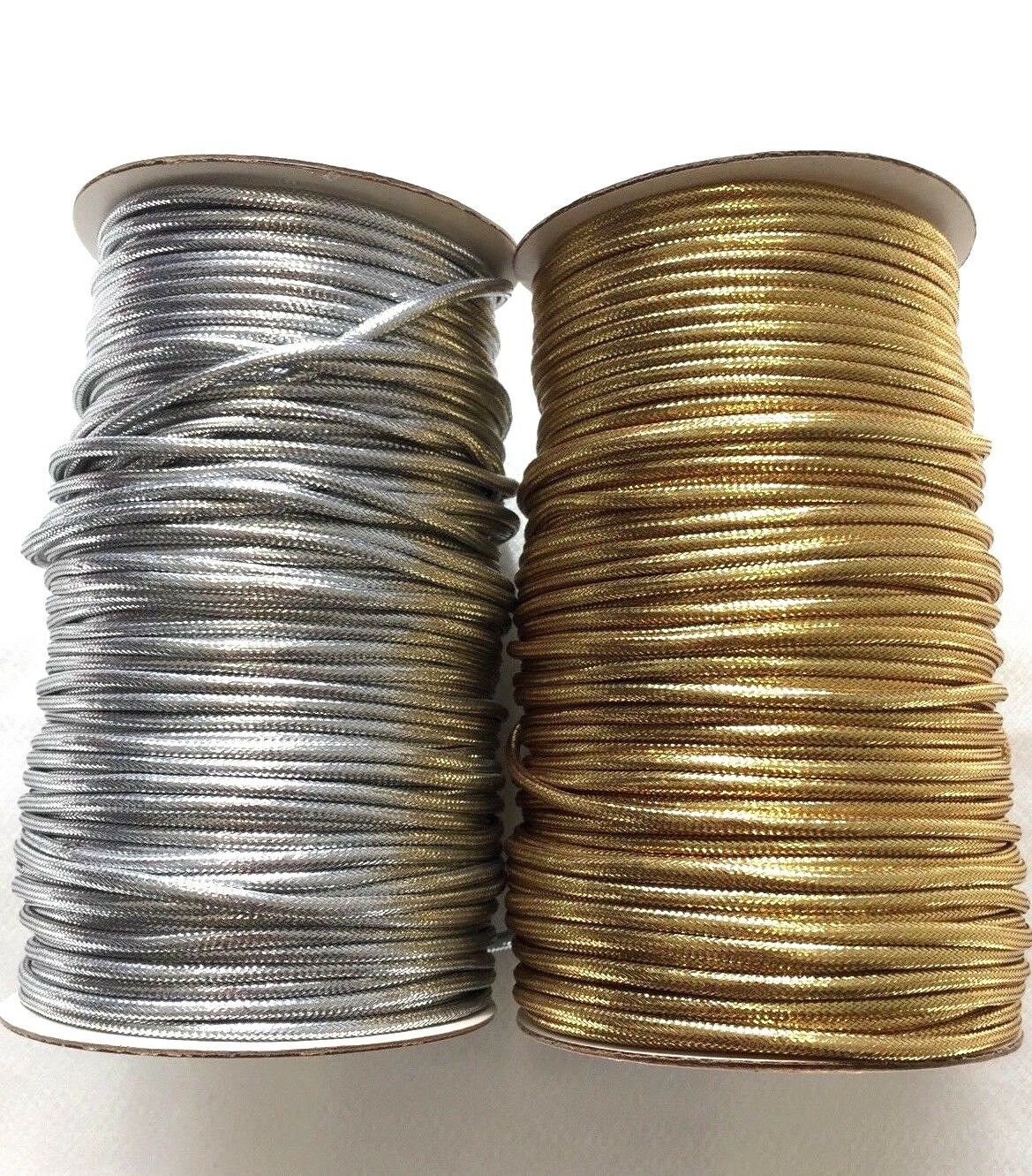 2 Rolls Metallic Elastic Cords Stretch Cord Ribbon Metallic Tinsel Cord  Rope for Craft Making Gift Wrapping, 1 mm 55 Yards (Gold and Silver)