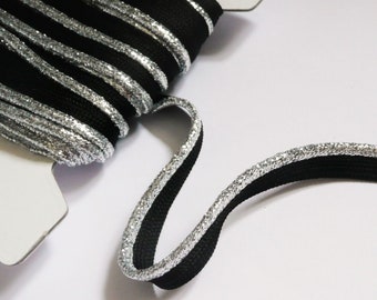 Flanged insert piping cord - Silver Metallic lurex on black tape 10mm