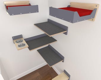 Zestaw narożny Even Flatter – Wally 1-Step, 3 x Flat 55, podajnik schodkowy, 2 x Flat Plus; półka dla kota, grzęda dla kota, meble dla kotów, montaż na ścianie, zestaw