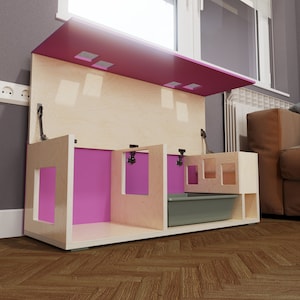 Nibbler Longhouse - Modern bunny cabinet, Rabbit hutch hideout with built-in hay rack and a toilet, Rabbit hideaway