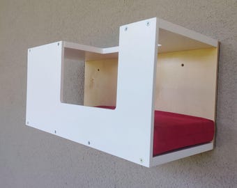 Wally Mezzanine Mini, Modern wall mounted cat tunnel shelf with a bed inside and multiple openings