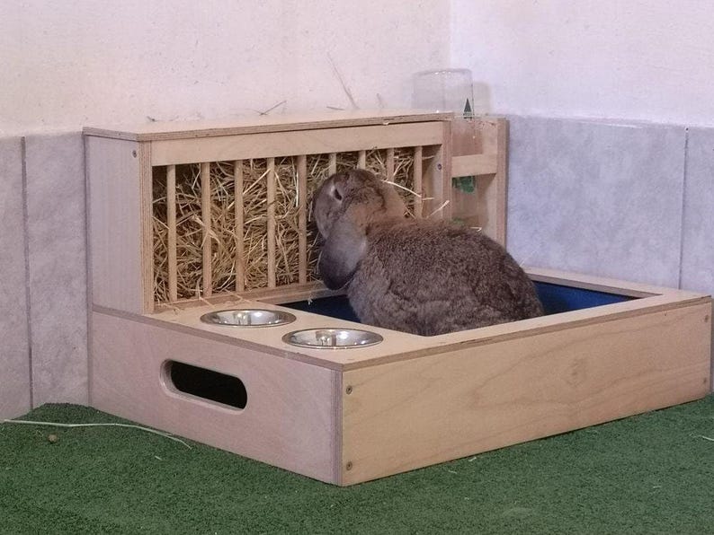Nibbler Combo 4in1, bunny rabbit hay and food feeder with built in litter box and a free standing water bottle holder, hay rack, hay feeder image 7