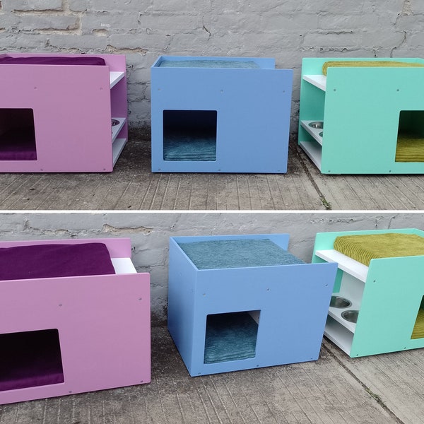 Boxy BnB, Dierenhuisje met 2 kussens en een geïntegreerde voerbak met 2 voerbakken