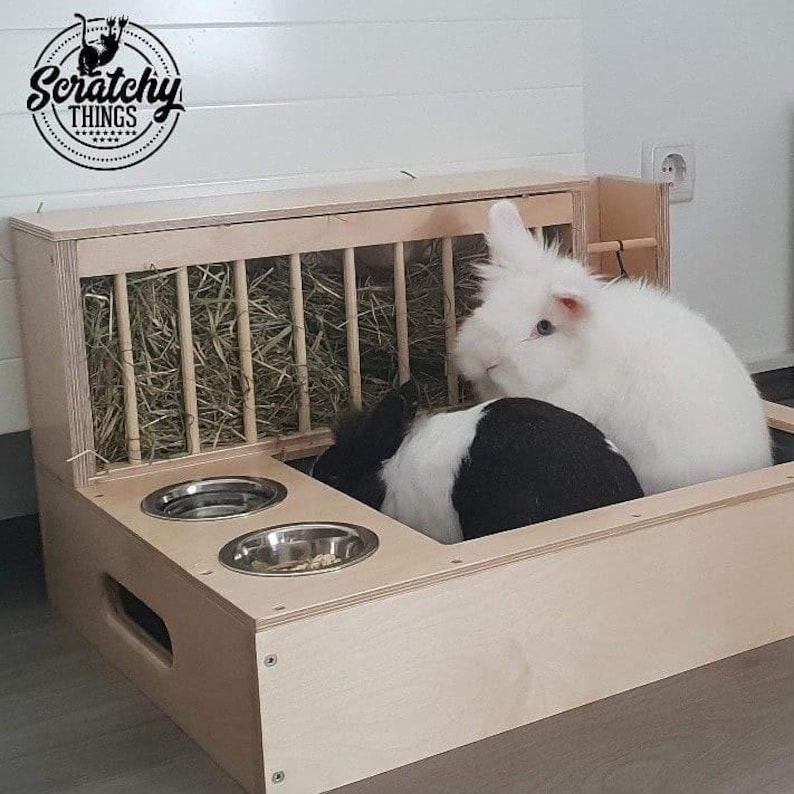 Nibbler Combo 4in1, bunny rabbit hay and food feeder with built in litter box and a free standing water bottle holder, hay rack, hay feeder image 5