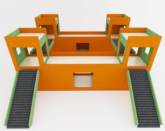 Nibbler Town, château de lapins avec 4 tours, aire de jeux, cachette, jouet, cachette de lapins, fort moderne pour lapins
