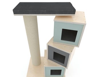 Boxy Trio 35 - Cat tree, Cat tower, Scratching post with 3 houses, and a big perch on top
