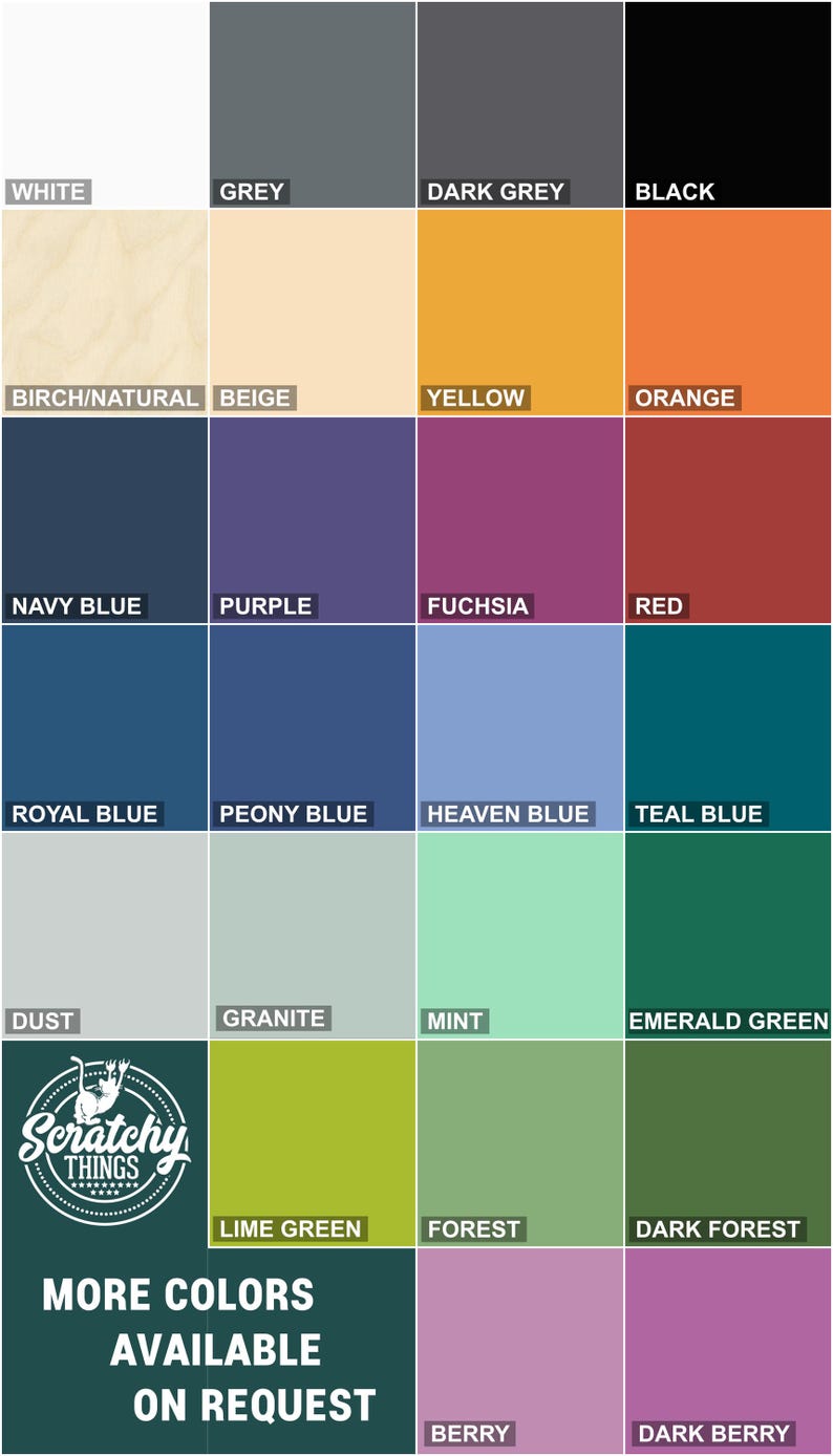 The image is a color palette with various shades of gray, black, white, and other colors arranged in a grid format. The text indicates that there are more colors available on request.