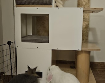 Tunnel Duo Play - Cat tree, Cat tower, 2 Scratching posts with 2 houses, a toy box, and a big perch on top