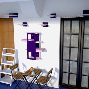 Paquete morado: Wally Stacker, Tunnel, Tunnel Mini, Combo Corner, Flat 35, Bridge 20, 2 x Bridge 16, 4 x 1-Step; Estante para gatos, Cama para gatos, Habitación para gatos