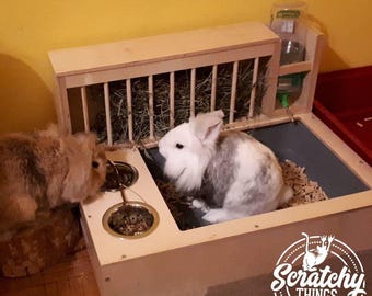 Nibbler Combo 4in1, bunny rabbit hay and food feeder with built in litter box and a free standing water bottle holder, hay rack, hay feeder
