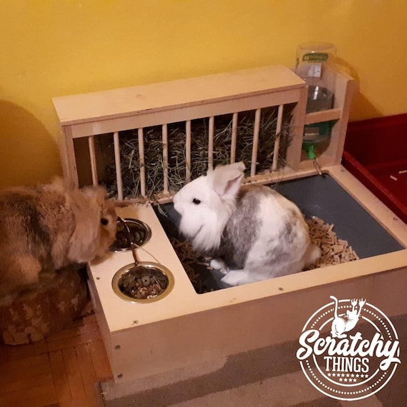 Nibbler Combo 4in1, bunny rabbit hay and food feeder with built in litter box and a free standing water bottle holder, hay rack, hay feeder