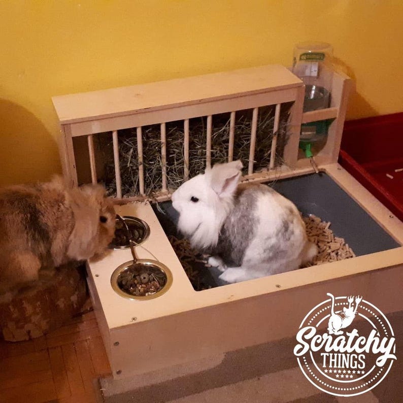 Nibbler Combo 4in1, bunny rabbit hay and food feeder with built in litter box and a free standing water bottle holder, hay rack, hay feeder image 1
