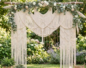 Handgemaakte m[acrame bruiloft achtergrond, macrame bruiloft boog prieel, macrame muurhanger, macrame deur opknoping, macrame gordijn bruiloft achtergrond