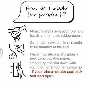 May include: A guide on how to apply and remove air bubbles from a self-adhesive product. The guide includes a list of tools needed, such as scissors, a pencil, a ruler, and a cloth or smoother. It also includes instructions on how to measure, cut, and apply the product. The guide also includes information on how to remove air bubbles from the product.