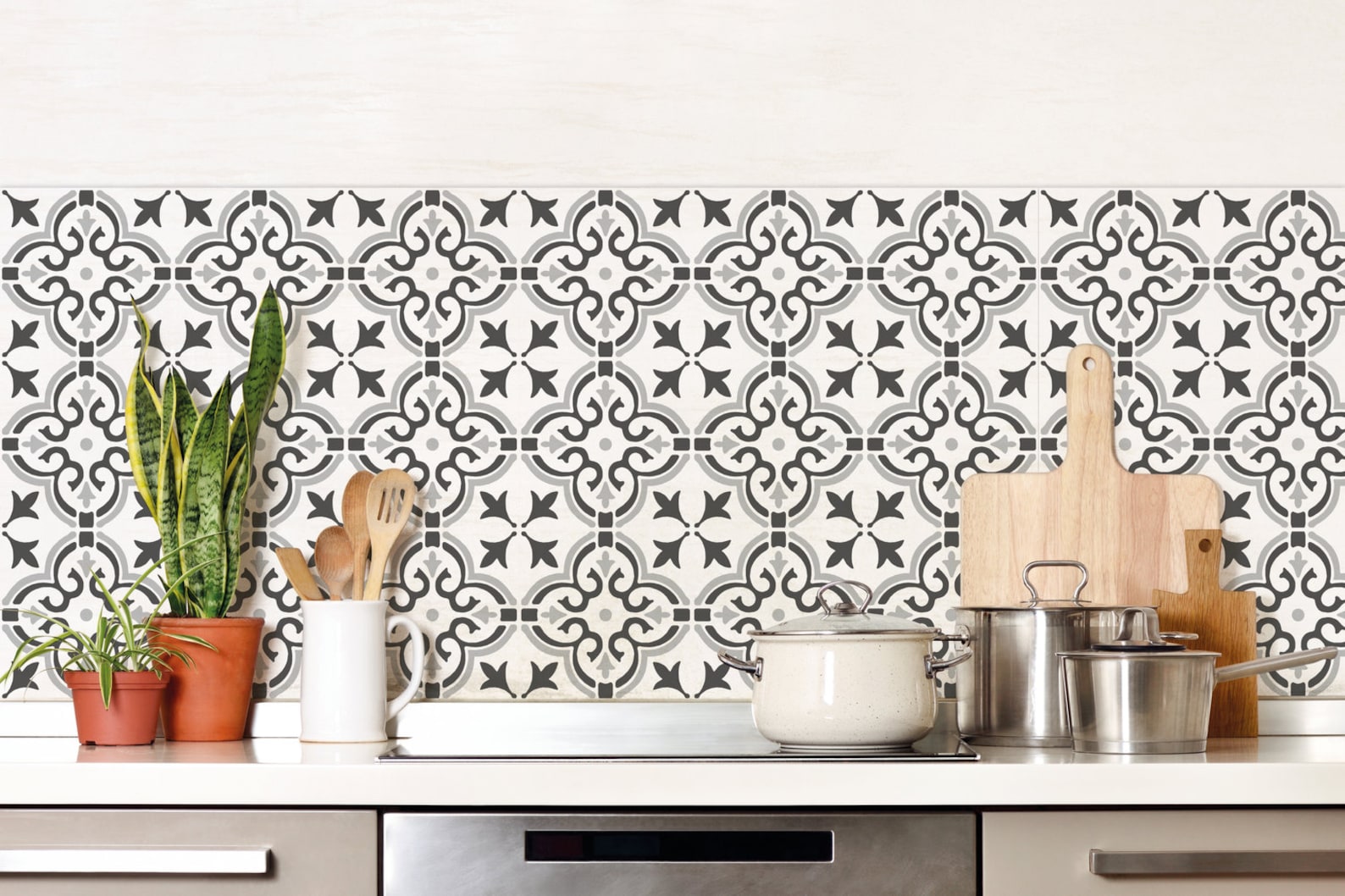 water proof wallpaper white black white floral ceramics TILE EFFECT