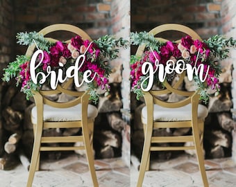 White Bride and Groom Chair Sign. Wedding Reception Chair Signs Set Wedding Signs