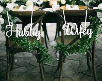 Hubby Wifey Chair Sign. Wood Wedding Reception Chair Signs Set Wedding Signs
