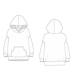 May include: A white hooded sweatshirt with a pouch pocket on the front. The sweatshirt is shown from the front and back.