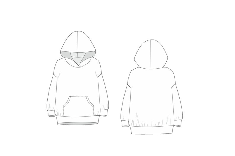 May include: A white hooded sweatshirt with a pouch pocket on the front. The sweatshirt is shown from the front and back.