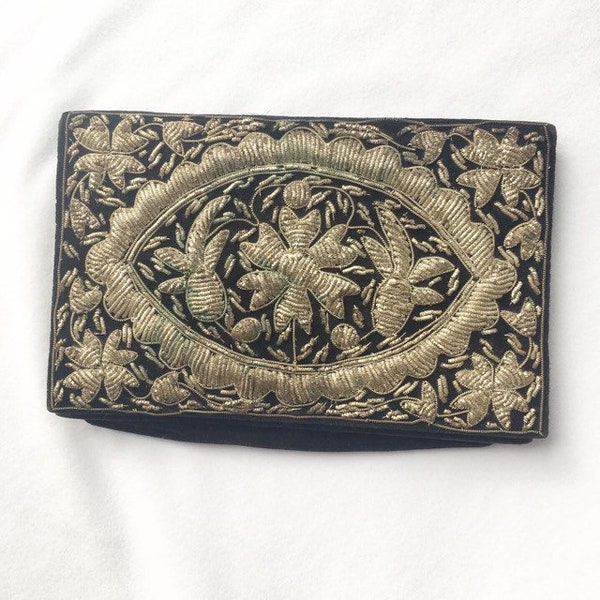 Vintage silver embroidery on black velvet clutch/evening bag, made in India