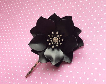 Repurposed vintage black & rhinestone flower pin into a bobby pin hair clip. A beautiful, elegant, unique way to dress up any hairstyle