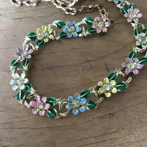 Vintage blue pink yellow green spring flower and rhinestone necklace and clip on earrings image 2