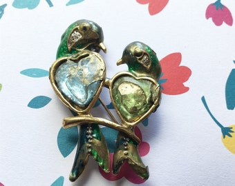 Vintage antique love bird pin, enamel and glass- blue and green and gold