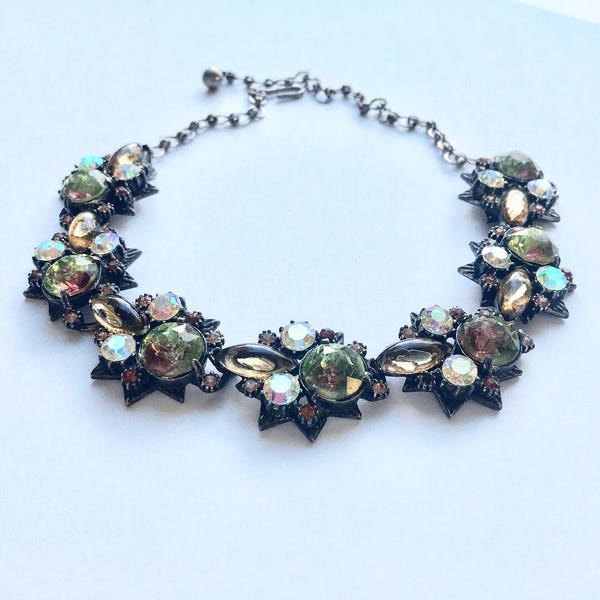 Vintage Gorgeous Signed Florenza necklace with watermelon aurora borealis rhinestones