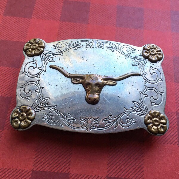 Vintage western steer buckle - frontier buckles- nickel silver- bull - southwestern /western theme-