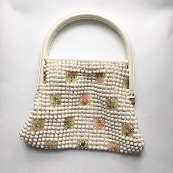 Grandee Bead 1950s purse/handbag - white beads, p… - image 1