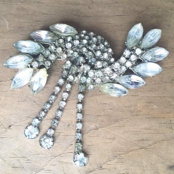 Stunning ornate vintage multi size rhinestones on silver tone metal - dangly strands- large brooch/pin/dress design addition.